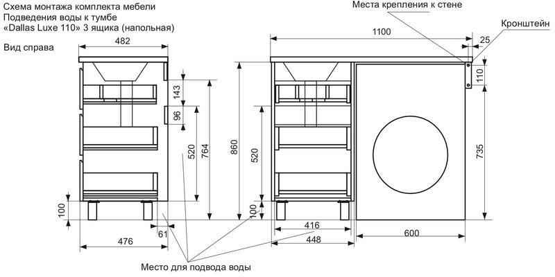 Напольная тумба под раковину Эстет Dallas Luxe ФР-00002014 Л/П 110см три ящика белый — изображение 5