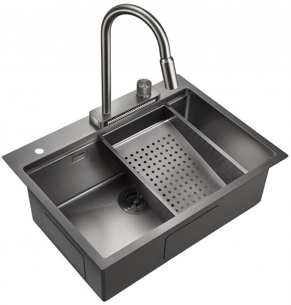 Мойка для кухни Milacio Denia 68 Steel MC.77419 в комплекте со смесителем и коландером воронёная сталь