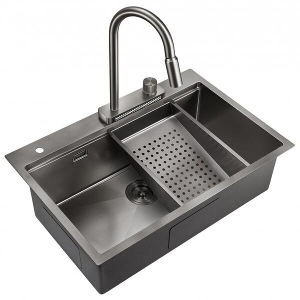 Мойка для кухни Milacio Denia 75 Steel MC.77429 в комплекте со смесителем и коландером воронёная сталь