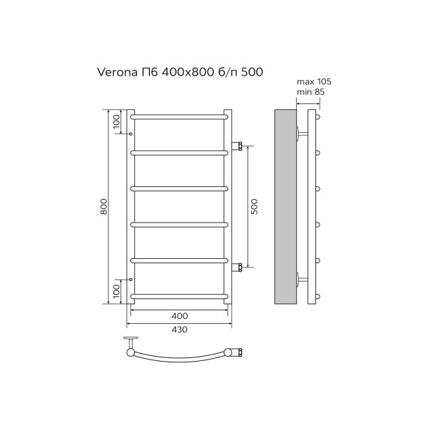 Azario Полотенцесушитель водяной VERONA AZ04548 400/800 6 секций, боковое подключение, 1, хром — изображение 5