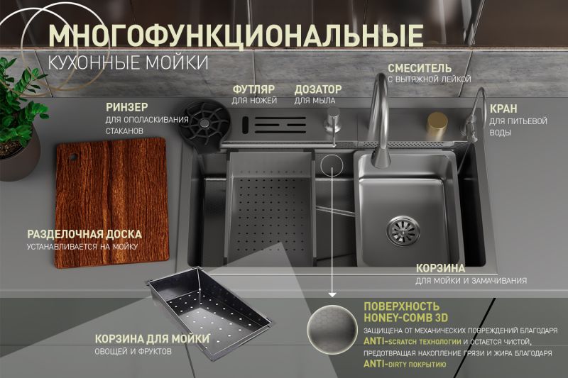 DQ Кухонная мойка многофункц. нерж.сталь сатин в комплекте со смесителем и аксессуарами (DKS754604) — изображение 8